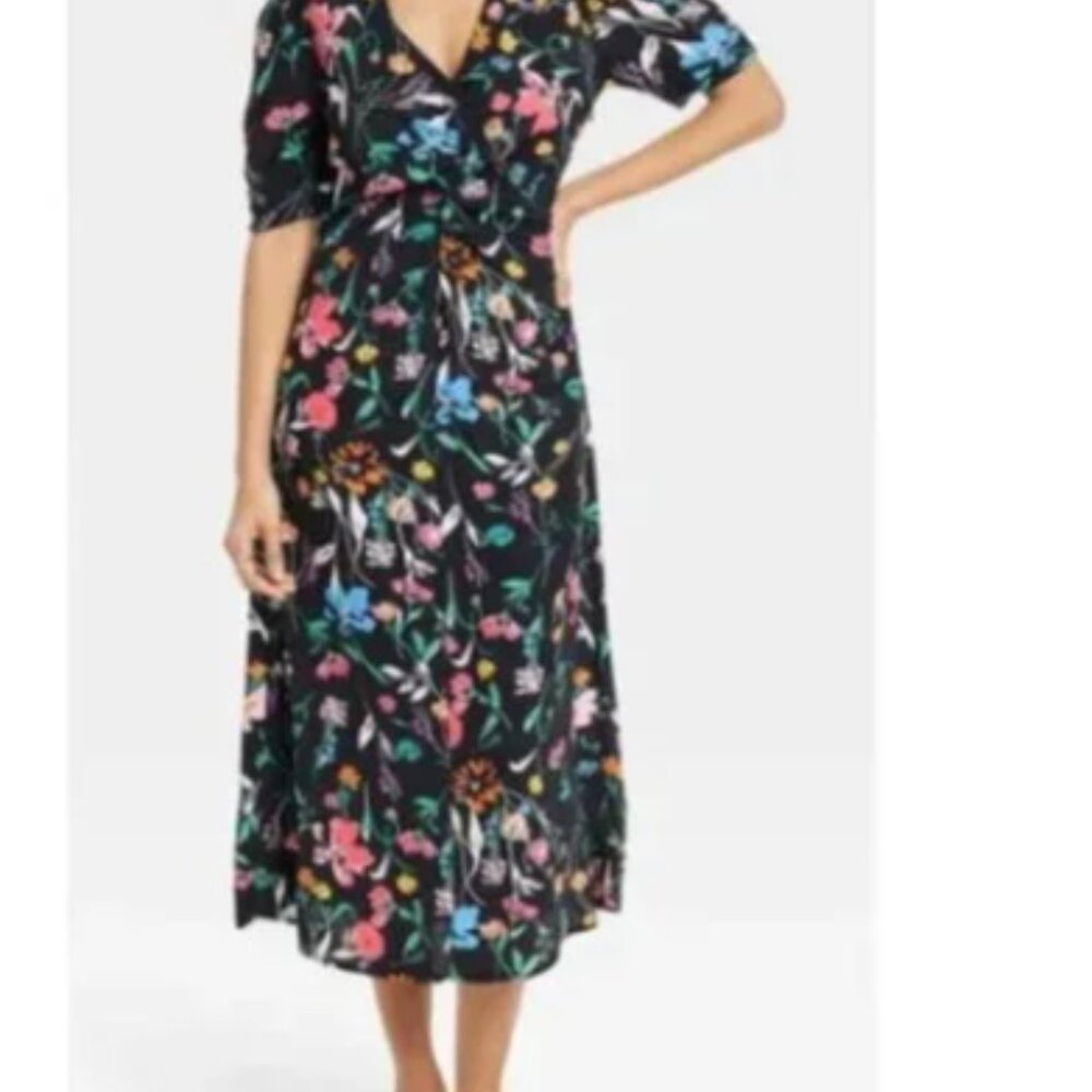 A New Day black floral maxi puff short sleeve maxi dress sz S NWT
